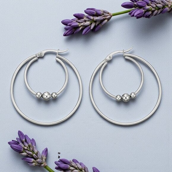 🆕️ Elegant Silver Beaded Stainless Steel Hoop Earrings – 1.4" Inner Diameter - Picture 1 of 11